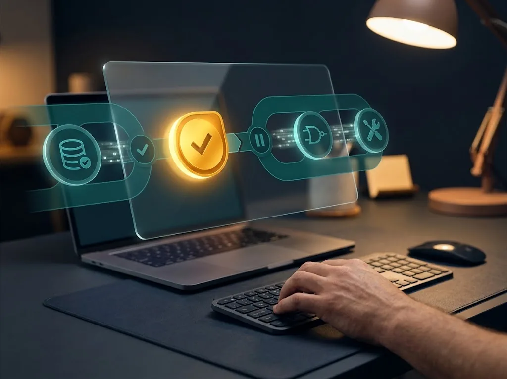 Human operator reviewing an AI agent execution checkpoint on an executive workspace display